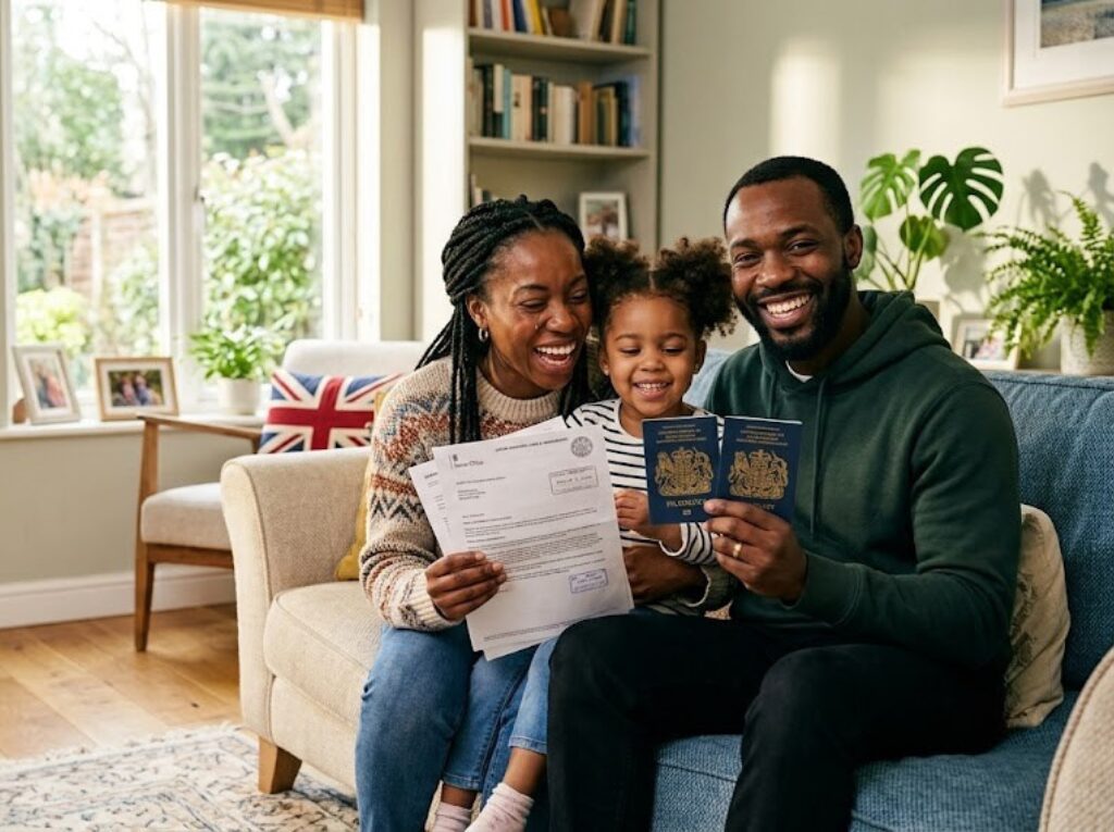 A family celebrating a successful UK immigration outcome